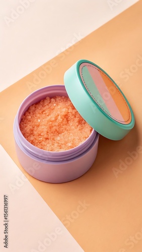 Pastel Purple Jar of Orange Body Scrub on Peach and Cream Background