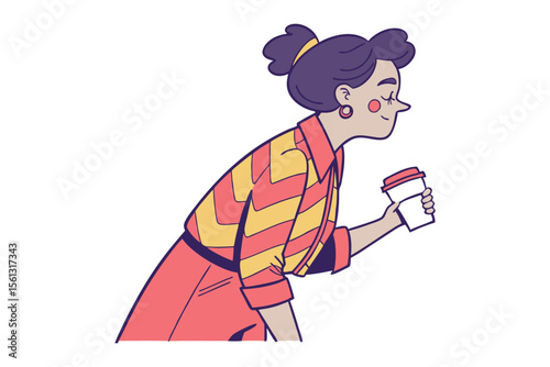 Morning Coffee and Casual Stroll: An artistic rendering of a stylish person enjoying a takeaway coffee as they stroll in a vibrant setting, embodying the essence of urban elegance and relaxed routine.