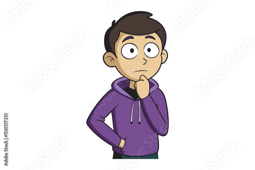 Man contemplating: A thoughtful young man pondering with his hand on his chin, conveying a sense of introspection and decision-making in a stylized illustration.
