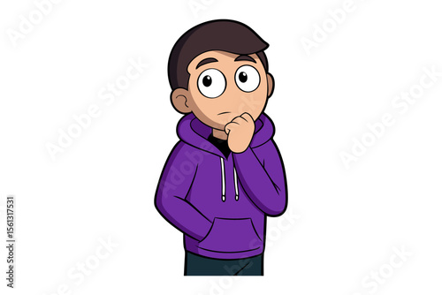 Thoughtful Contemplation: A cartoon depiction of a young person in deep thought, with a hand thoughtfully touching the chin, expressing contemplation, isolated with a bright background.