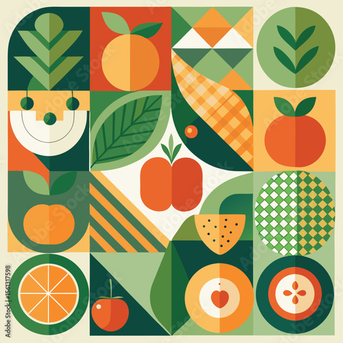 Abstract geometric pattern of farm food. Stylized poster with fruit and vegetables. Agriculture plants in cubism style. Contemporary art of healthy, natural, organic products. Flat vector illustration