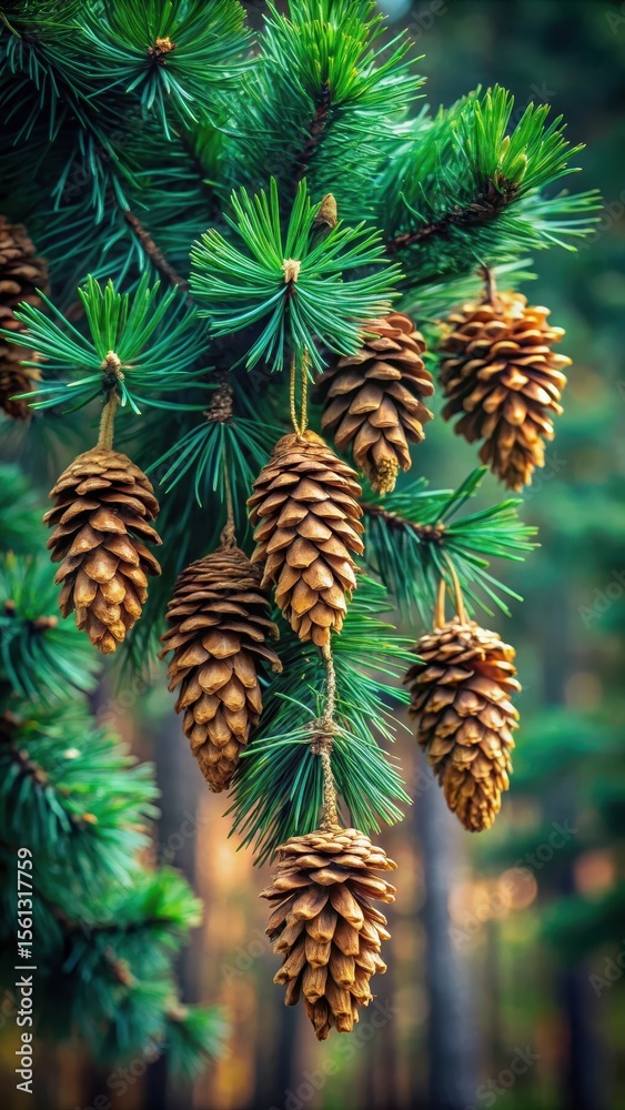 Obraz premium Dense cluster of fragrant pine branches with dark green needles and a few golden cones hanging from the end of each branch