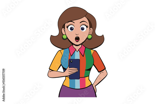 Woman's Surprised Reaction to Mobile Phone: A stylized portrayal of a woman, eyes wide with astonishment, gazing at a mobile phone in her hand.