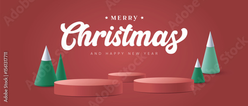 Merry christmas and happy new year. Geometry podium shape for product display. Stage pedestal or platform. winter christmas red background with xmas tree.