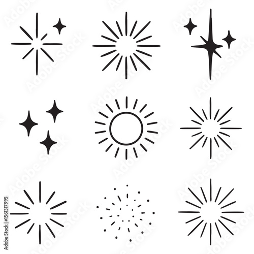doodle sparkle vector set, sunburst, rays, starburst illustration, doodle designs of rays, bursts, and glowing elements