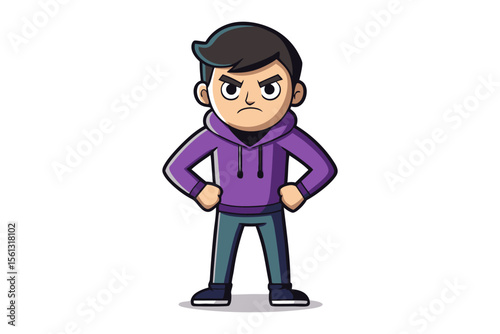 Angry Boy: A striking vector illustration of an angered young boy. He stands with hands on hips and a frown to depict strong negative emotion. 