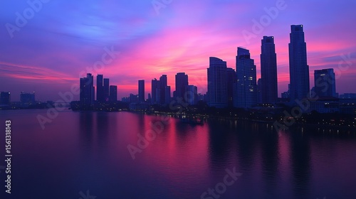 Vibrant sunset over a cityscape reflected in calm water, showcasing modern architecture at twilight
