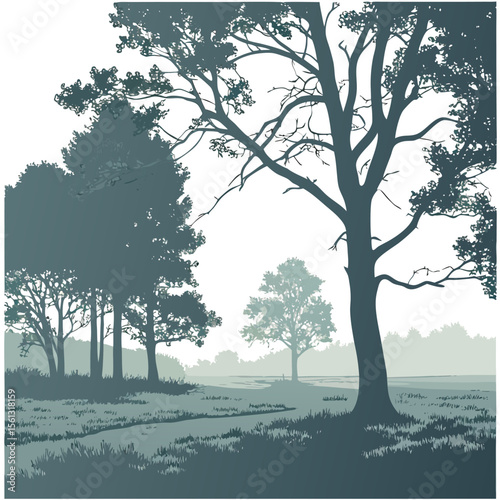 A serene landscape featuring a silhouette of trees in a misty field with a path leading to the horizon