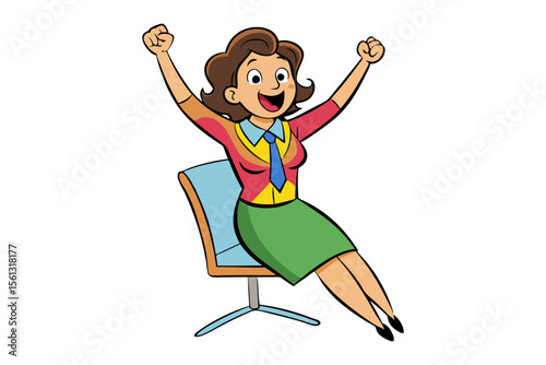 Joyful Victory: A cartoon illustration captures a woman in a chair, radiating triumph and celebrating her accomplishment. She exuding with boundless energy