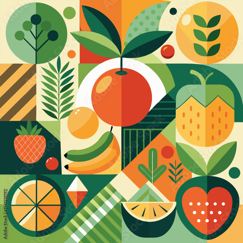 Abstract geometric pattern of farm food. Stylized poster with fruit and vegetables. Agriculture plants in cubism style. Contemporary art of healthy, natural, organic products. Flat vector illustration