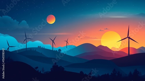 Vibrant sunset over rolling hills with wind turbines, a celestial scene of orange, blue, and purple hues