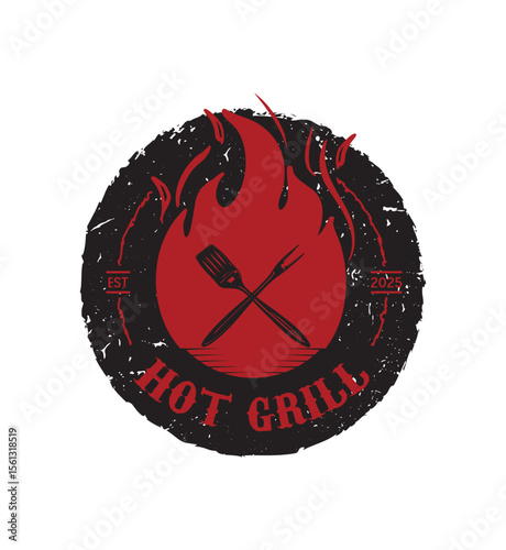 Hot Grill Logo with Flaming Barbecue Design
