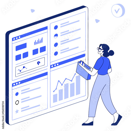 Woman analyzing data on a large screen with charts and graphs while holding a document folder in her hand