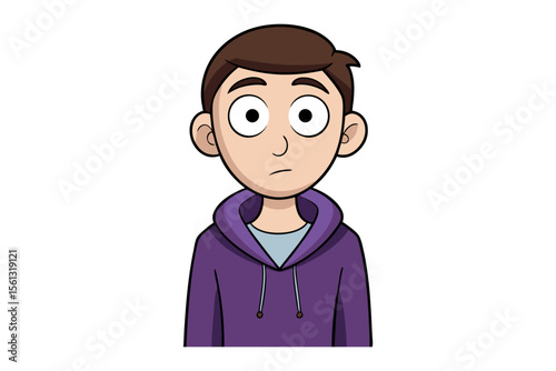 Confused Young Man: A cartoon illustration of a young man with a puzzled expression, wearing a purple hoodie. His wide eyes and slightly downturned mouth convey uncertainty and contemplation.