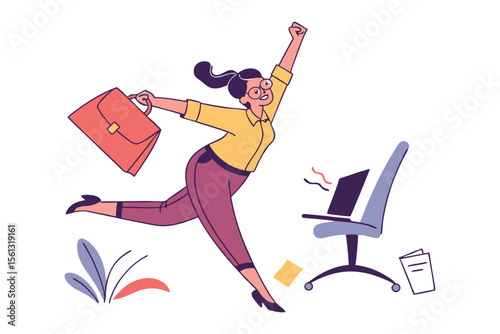 Image of an Enthusiastic Departure: A dynamic illustration portrays a joyous business woman leaving her workplace with a feeling of achievement. The scene is colorful.