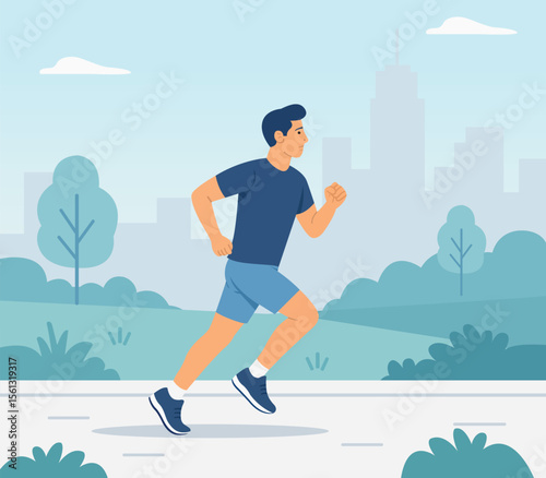 Man Jogging in Park - Flat Vector Illustration
