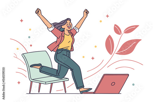 Excited Professional Celebrating Success: An illustration captures the pure joy and triumph of a female professional celebrating a work achievement with a laptop in front of her.