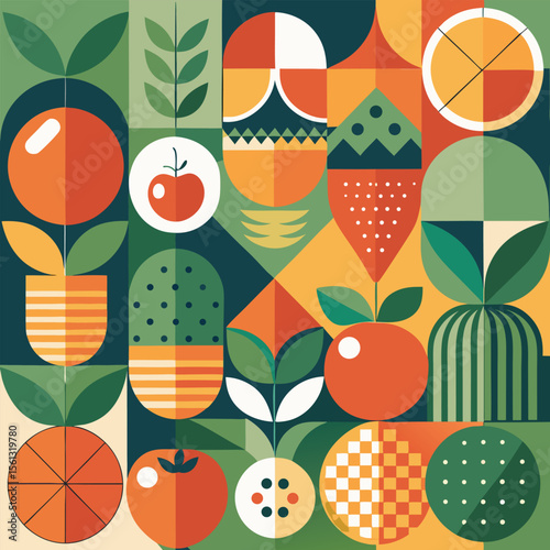 Abstract geometric pattern of farm food. Stylized poster with fruit and vegetables. Agriculture plants in cubism style. Contemporary art of healthy, natural, organic products. Flat vector illustration