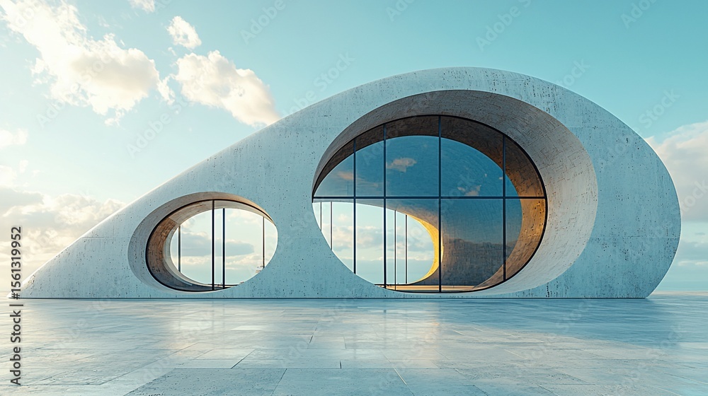 Fototapeta premium Modern concrete building overlooking ocean at sunrise
