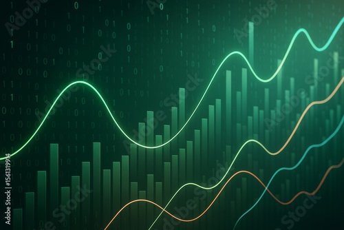 Glowing bar graphs and wave lines on binary code background illustrating futuristic business data analysis concept with vibrant light effects.