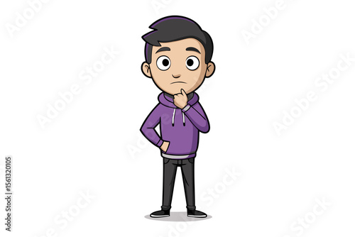Man Contemplating: A cartoon image shows a thoughtful figure, dressed in casual wear, contemplating a decision.