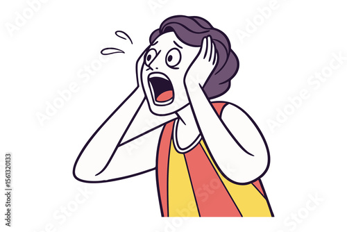 Terrified Woman Illustration: An illustration of terrified woman screaming with wide eyes and clutching her head, conveying a sense of intense fear or shock.