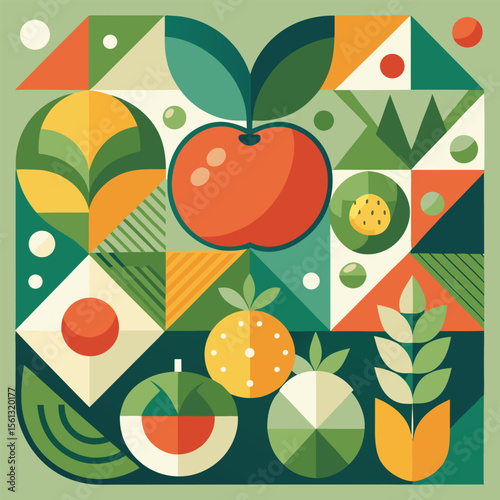 Abstract geometric pattern of farm food. Stylized poster with fruit and vegetables. Agriculture plants in cubism style. Contemporary art of healthy, natural, organic products. Flat vector illustration