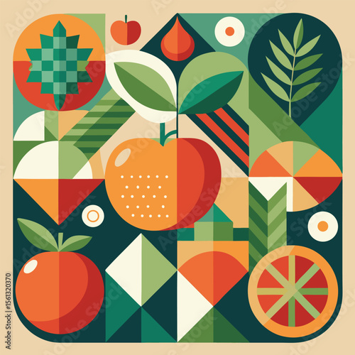 Abstract geometric pattern of farm food. Stylized poster with fruit and vegetables. Agriculture plants in cubism style. Contemporary art of healthy, natural, organic products. Flat vector illustration