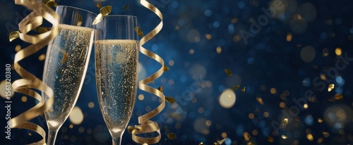 The festive celebration with champagne glasses and swirling ribbons in the background. photo