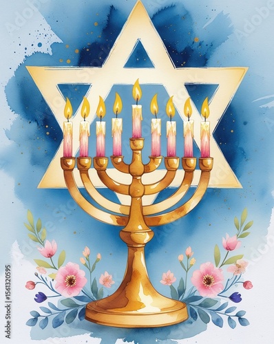 Menorah with Candles Lit Against a Star of David on Blue Watercolor Background