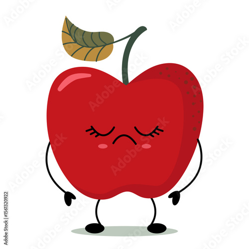 Sad apple illustration in kawaii style with big eyes and sweet cheeks. Perfect for kids prints, stickers, food packaging and educational materials.