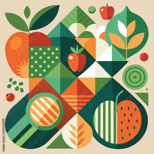 Abstract geometric pattern of farm food. Stylized poster with fruit and vegetables. Agriculture plants in cubism style. Contemporary art of healthy, natural, organic products. Flat vector illustration