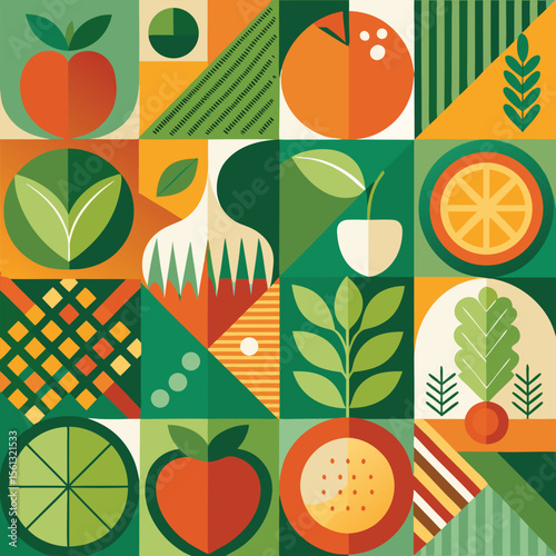Abstract geometric pattern of farm food. Stylized poster with fruit and vegetables. Agriculture plants in cubism style. Contemporary art of healthy, natural, organic products. Flat vector illustration