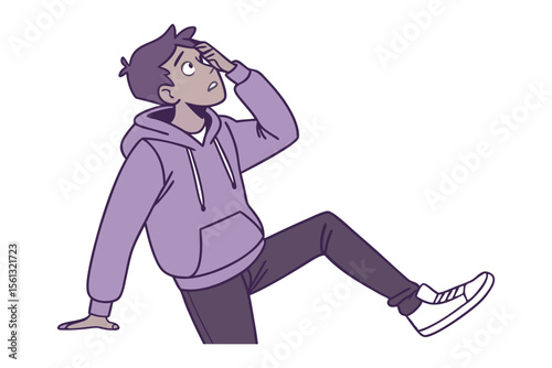 Lost in Thought: A cartoon illustration of a thoughtful individual with a hand on his head, with a look of introspection or contemplation.