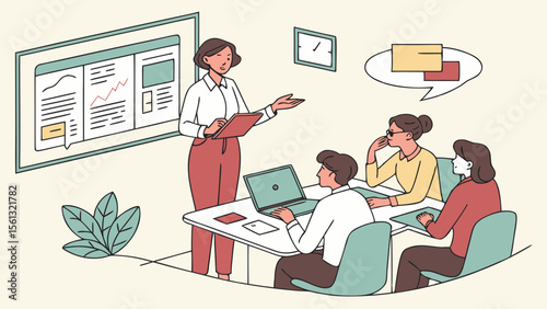 Women, presenters and meet with office staff to discuss, plan and provide ideas for news topics. Managers talk and people listen to article suggestions, brainstorm and recommend online magazines.