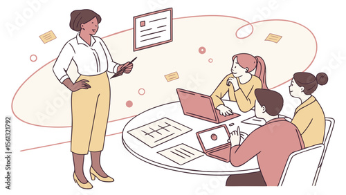 Women, presenters and meet with office staff to discuss, plan and provide ideas for news topics. Managers talk and people listen to article suggestions, brainstorm and recommend online magazines.