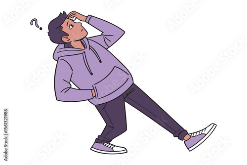 Contemplative Look: A puzzled individual in a hoodie looks skyward, his hand gently touching his forehead, a question mark hovering nearby, in a simple, clean illustration style.