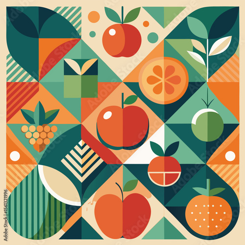 Abstract geometric pattern of farm food. Stylized poster with fruit and vegetables. Agriculture plants in cubism style. Contemporary art of healthy, natural, organic products. Flat vector illustration