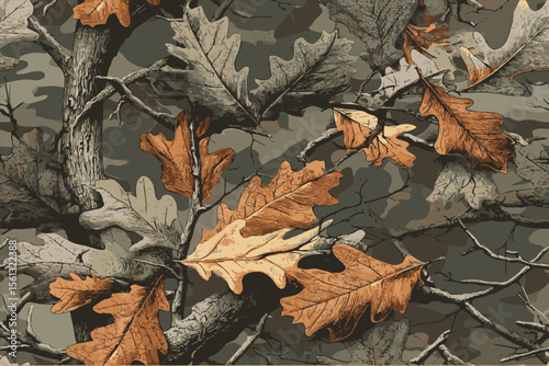 A seamless pattern of camouflage camo with oak tree branches and leaves, earth tones with green color background.Hunting camouflage seamless pattern design. Vector hunting camo background
