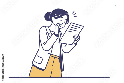 Document Analysis: A surprised individual, eyes wide with concern, intensely examines a document. The scene unfolds in simple lines and forms.