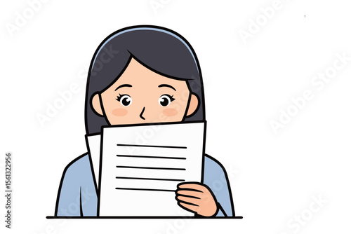 Focused Reading: A cartoon depiction of a girl intently reading a document, her eyes focused on the lines of text, suggesting concentration and absorption of information.