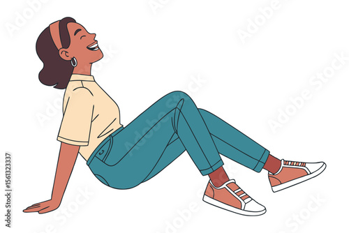 Radiant Moment of Laughter: A young woman with dark skin, dressed in casual attire, sits with her legs outstretched, tilting her head back in unrestrained joy, showcasing pure.
