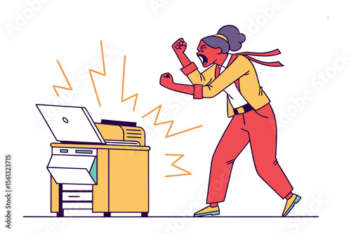 Frustrated Worker and Malfunctioning Printer: A stylized illustration of a woman experiencing frustration with a malfunctioning office printer.