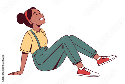 Smiling Young Woman: A joyful young woman, dressed in stylish attire, radiates happiness as she relaxes outdoors, embracing the simplicity of life.