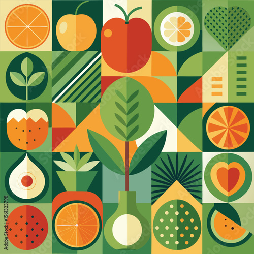 Abstract geometric pattern of farm food. Stylized poster with fruit and vegetables. Agriculture plants in cubism style. Contemporary art of healthy, natural, organic products. Flat vector illustration