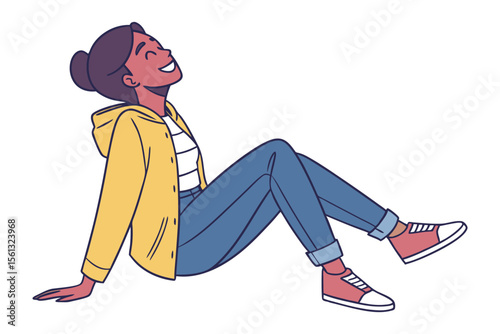 A Moment of Serenity: In a vibrant illustration, a woman sits relaxed, basking in a moment of contentment, capturing the essence of joy, relaxation, and positive emotions.