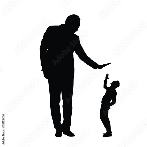 Silhouette of Large Man Pointing at Smaller Scared Man Representing Power Imbalance and Intimidation