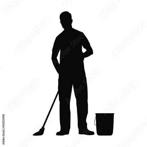 Silhouette of Person Cleaning With Mop and Bucket
