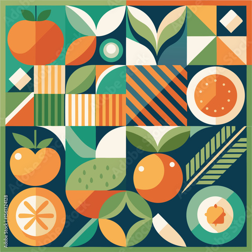 Abstract geometric pattern of farm food. Stylized poster with fruit and vegetables. Agriculture plants in cubism style. Contemporary art of healthy, natural, organic products. Flat vector illustration