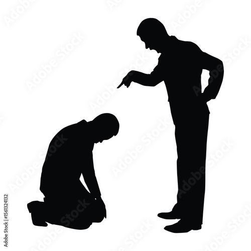 Silhouette of a Man Scolding Another Kneeling Man, Depicting Conflict, Guilt, and Power Imbalance